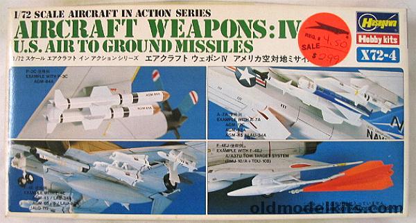 Hasegawa 1/72 Aircraft Weapons IV Air to Ground Missiles - AGM-12B/AGM-78/AGM-88/AGM-62/LAU-34A/LAU-77A/AGM-12C/AGM-84/AGM-65/AGM-45/LAU-88A/RMU-10a/ALQ-12C/ALQ-101/ALQ-119/ALQ-131/TDU-10B, 4 plastic model kit